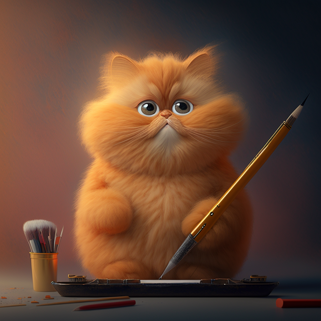 Eine flauschige orange Katze die sich kreativ austobt mit einem Stift in der Hand
